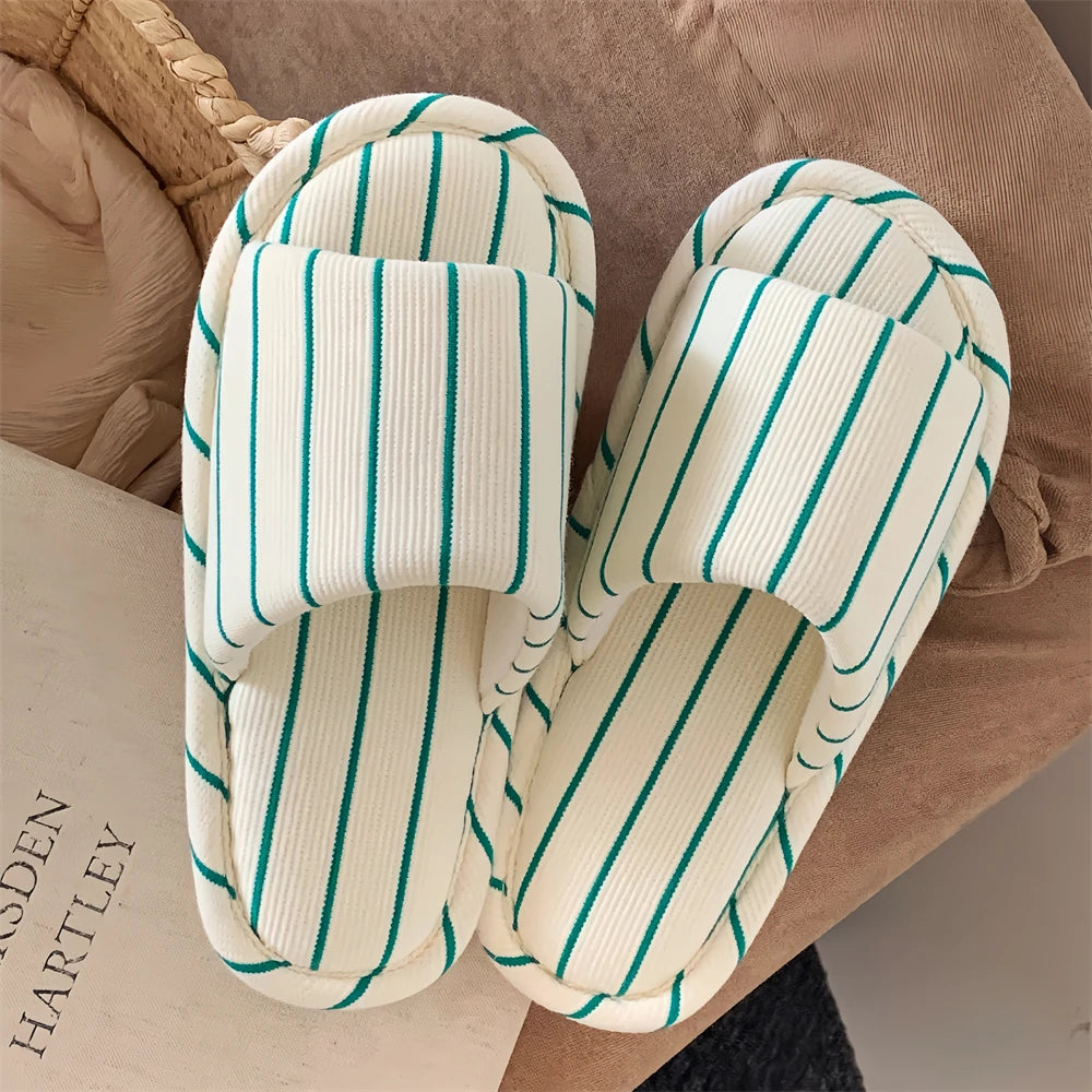 Comfortable Cotton Linen Slippers for Women Stripe Design Versatile Floor Oes Soft Bot New Sle Four Seasons Universal