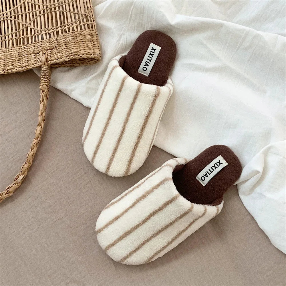 Unisex Striped Cotton Slippers Soft Comfortable Warm Autumn Winter Bedroom Home Slippers with Bag Head Fun Household Footwear