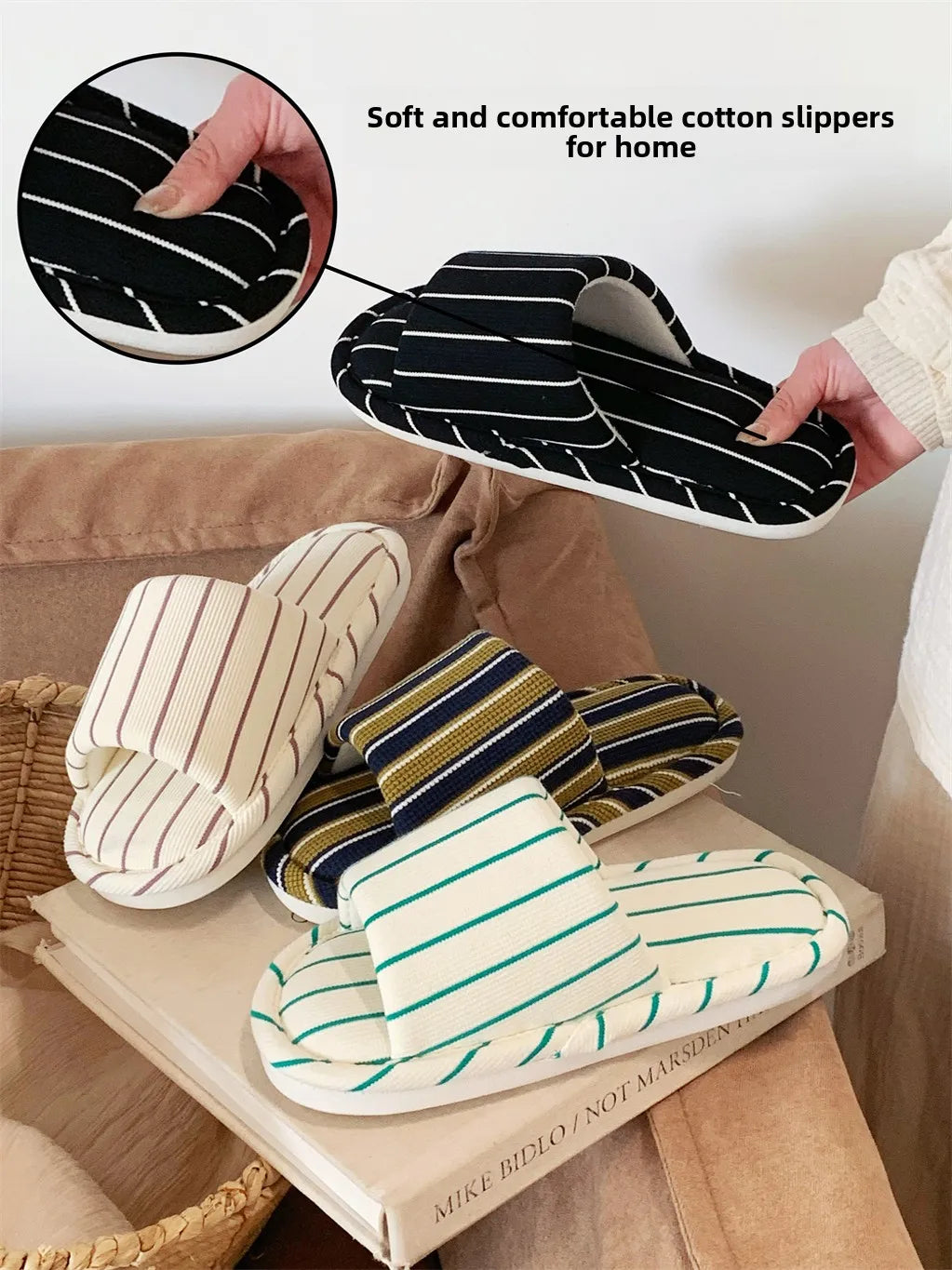 Comfortable Cotton Linen Slippers for Women Stripe Design Versatile Floor Oes Soft Bot New Sle Four Seasons Universal