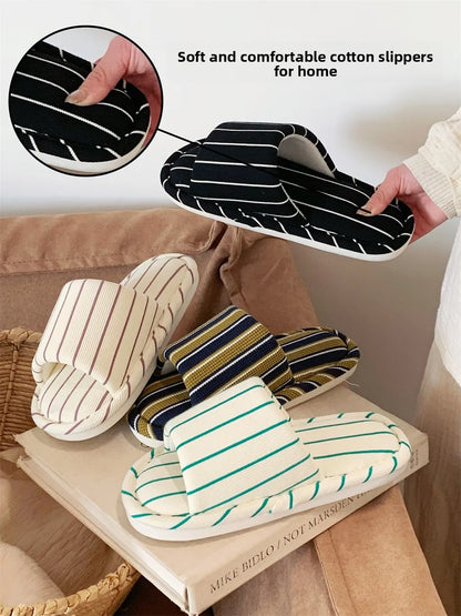 Comfortable Cotton Linen Slippers for Women Stripe Design Versatile Floor Oes Soft Bot New Sle Four Seasons Universal
