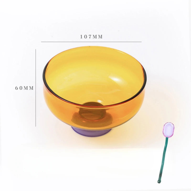 Color Blocking Glass Bowl Soup Bowl Tableware Decoration Household Heat-Resistant Transparent Bowl Spoon Set Fruit Salad Bowl