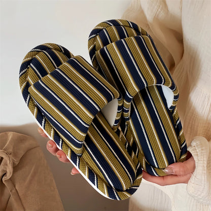 Comfortable Cotton Linen Slippers for Women Stripe Design Versatile Floor Oes Soft Bot New Sle Four Seasons Universal