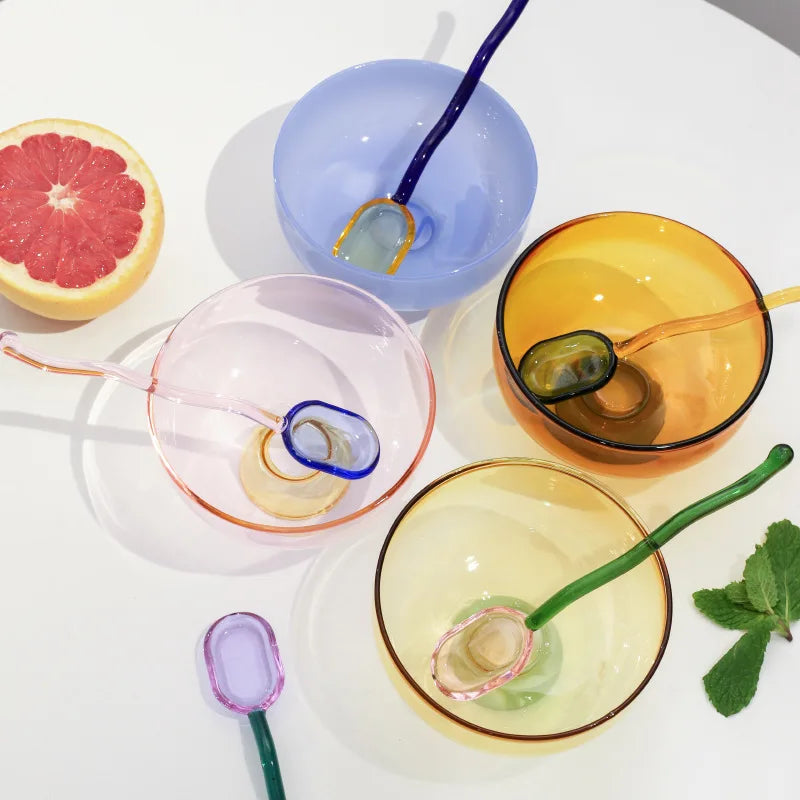 Color Blocking Glass Bowl Soup Bowl Tableware Decoration Household Heat-Resistant Transparent Bowl Spoon Set Fruit Salad Bowl