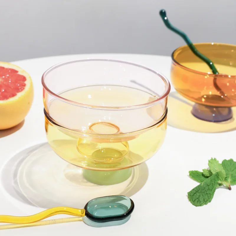 Color Blocking Glass Bowl Soup Bowl Tableware Decoration Household Heat-Resistant Transparent Bowl Spoon Set Fruit Salad Bowl