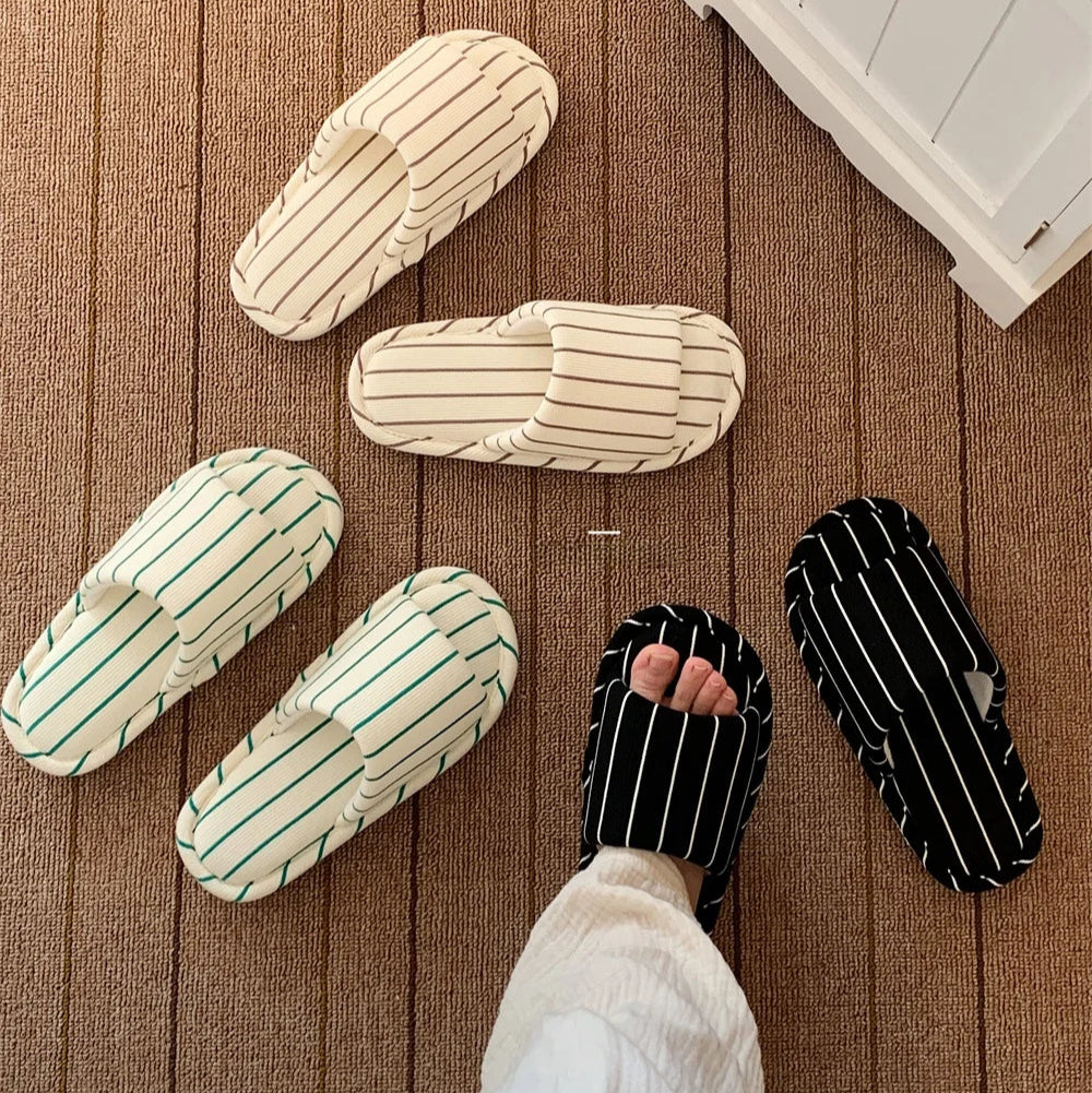 Comfortable Cotton Linen Slippers for Women Stripe Design Versatile Floor Oes Soft Bot New Sle Four Seasons Universal