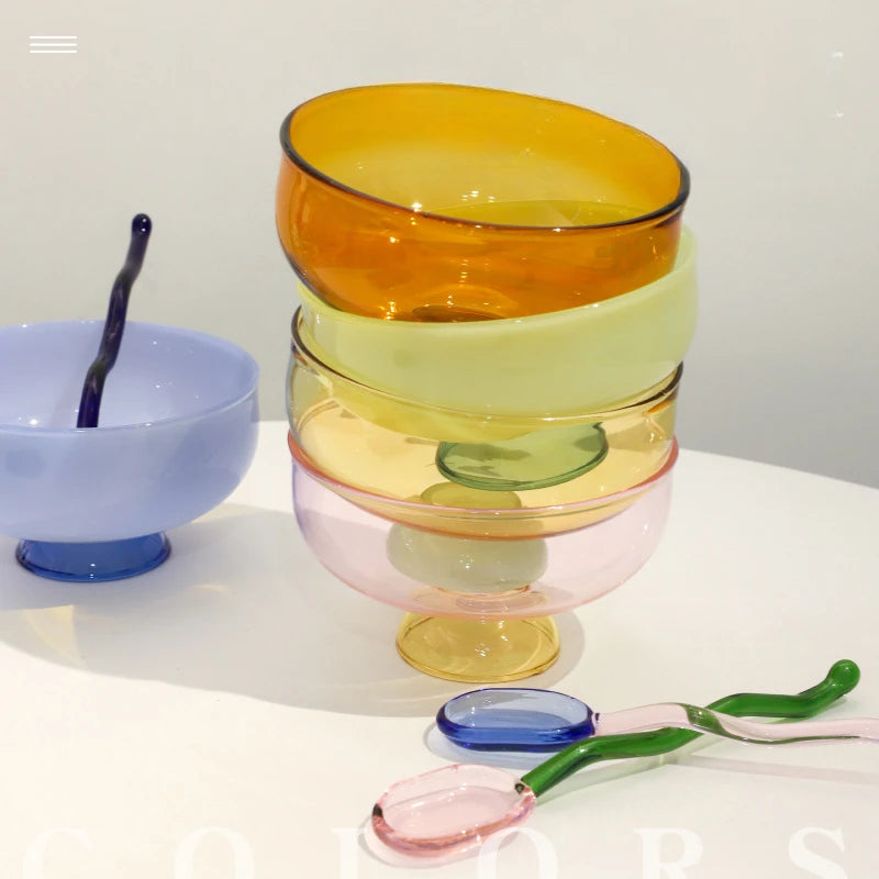 Color Blocking Glass Bowl Soup Bowl Tableware Decoration Household Heat-Resistant Transparent Bowl Spoon Set Fruit Salad Bowl