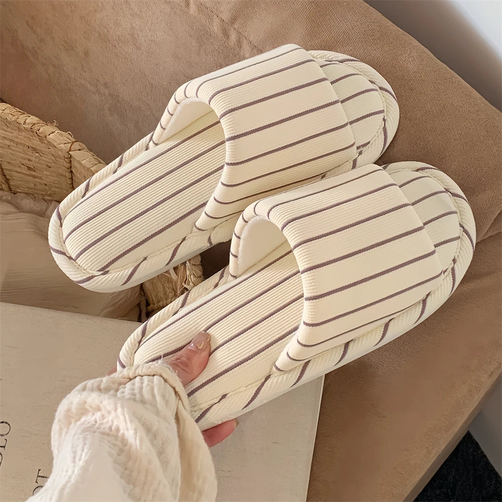 Comfortable Cotton Linen Slippers for Women Stripe Design Versatile Floor Oes Soft Bot New Sle Four Seasons Universal