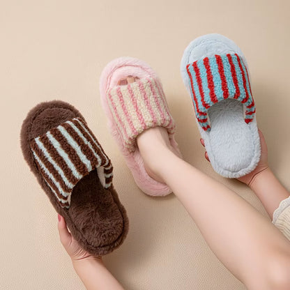 Color Block Fur Cotton Slippers