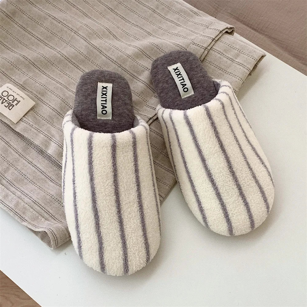 Unisex Striped Cotton Slippers Soft Comfortable Warm Autumn Winter Bedroom Home Slippers with Bag Head Fun Household Footwear