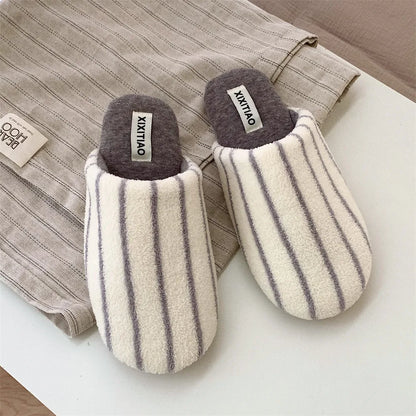 Unisex Striped Cotton Slippers Soft Comfortable Warm Autumn Winter Bedroom Home Slippers with Bag Head Fun Household Footwear