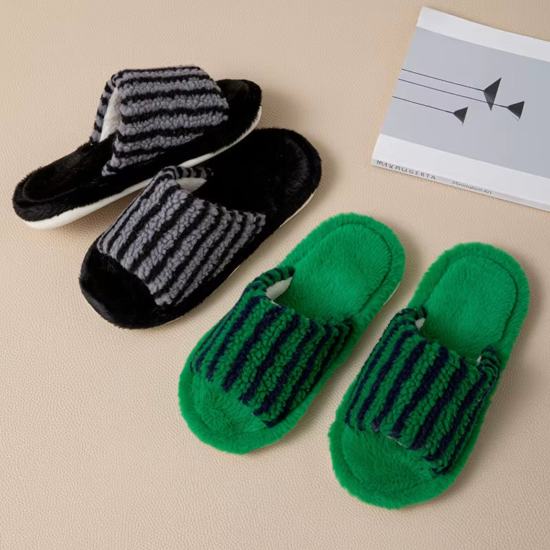 Color Block Fur Cotton Slippers