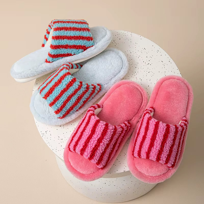 Color Block Fur Cotton Slippers