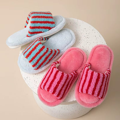 Color Block Fur Cotton Slippers