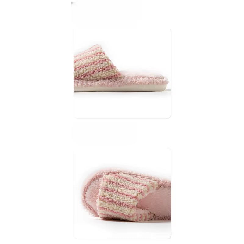 Color Block Fur Cotton Slippers